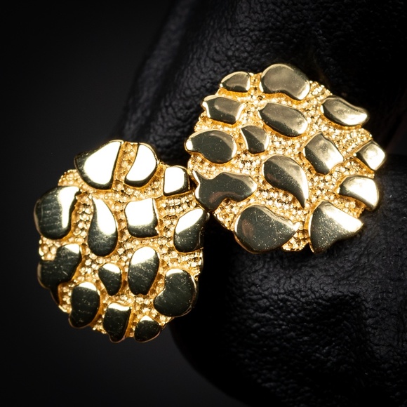 Round Large 14K Gold Plated 925 Sterling Vermeil Hip Hop Nugget Stud Earrings - Picture 1 of 5